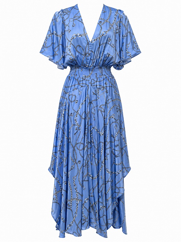 【新品DRESS 2478】チェーン柄サテンアシンメトリーミモレ丈ミディアムドレス ブルー【maje】